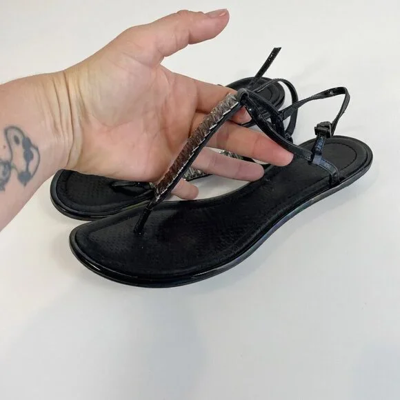 Brian Atwood Womens Leather Thong Sandals Black 6.5 Embellished T-Strap Crystal